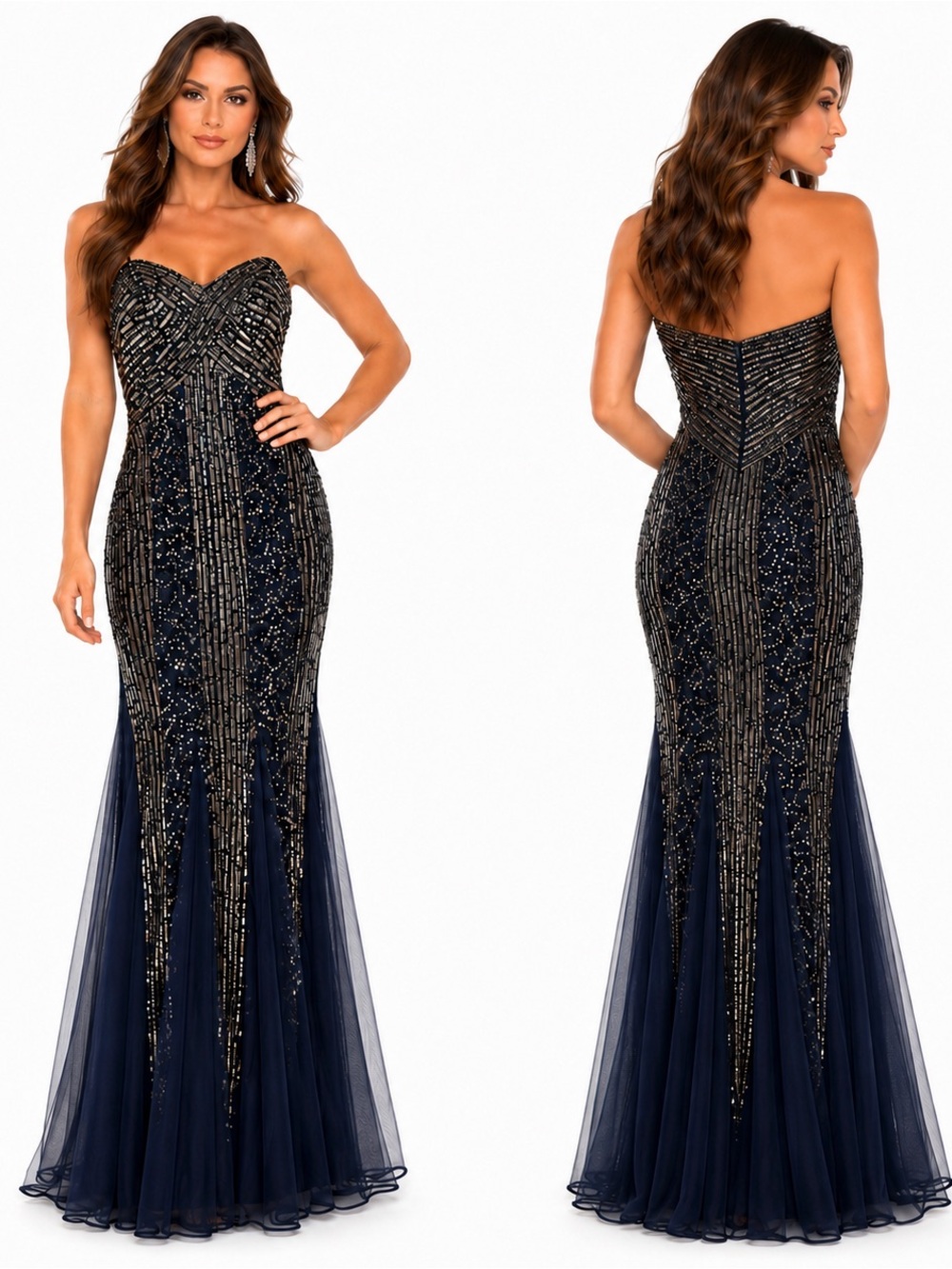 Faviana Strapless Navy Copper Silver Beaded Prom Gown size 2